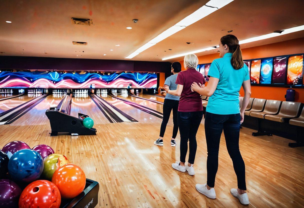 A vibrant bowling alley filled with diverse people of various ages and backgrounds, joyfully engaging in a game of bowling. The atmosphere is lively, with bursts of laughter and camaraderie, showcasing a sense of community and shared passion. Colorful bowling balls and pins are scattered across the lanes, with neon lights adding to the excitement. Capture the essence of teamwork and friendship in motion. super-realistic. vibrant colors. energetic atmosphere.