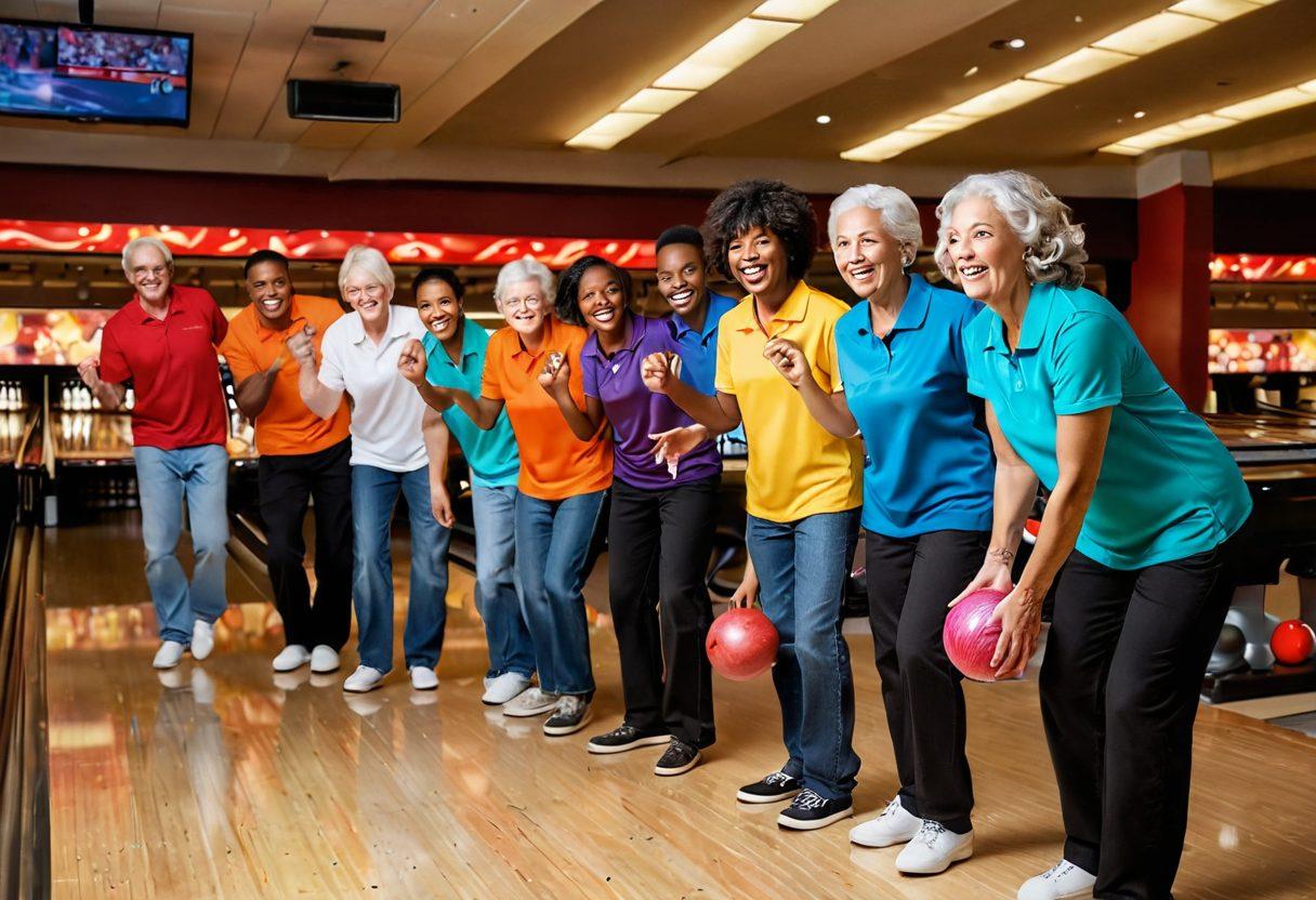 A vibrant scene of diverse bowlers of all ages, joyously celebrating a community event at a bowling alley, with warm lights and colorful bowling balls scattered around. Include elements like personalized team shirts, high-fives, and a trophy on display to signify camaraderie. The atmosphere should exude enthusiasm and togetherness, with a background of bowling pins being knocked down. super-realistic. vibrant colors. lively setting.