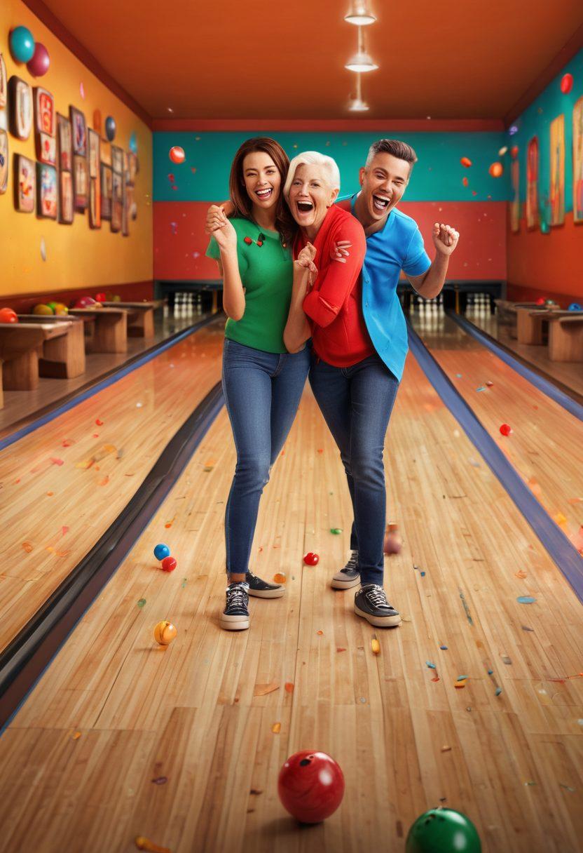 A vibrant bowling alley scene showcasing diverse groups of friends of various ages and backgrounds sharing joyful moments over bowling. Include colorful bowling balls and pins, with confetti in the air to symbolize celebration. Warm lighting and playful interaction make the atmosphere inviting. A contrasting backdrop of distant alleys suggests the journey from solitude to camaraderie. super-realistic. vibrant colors. 3D.
